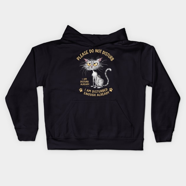 A whimsical cartoon drawing of a disheveled cat, with its fur sticking out in all directions and large yellow eyes showing irritation. (12) Kids Hoodie by YolandaRoberts